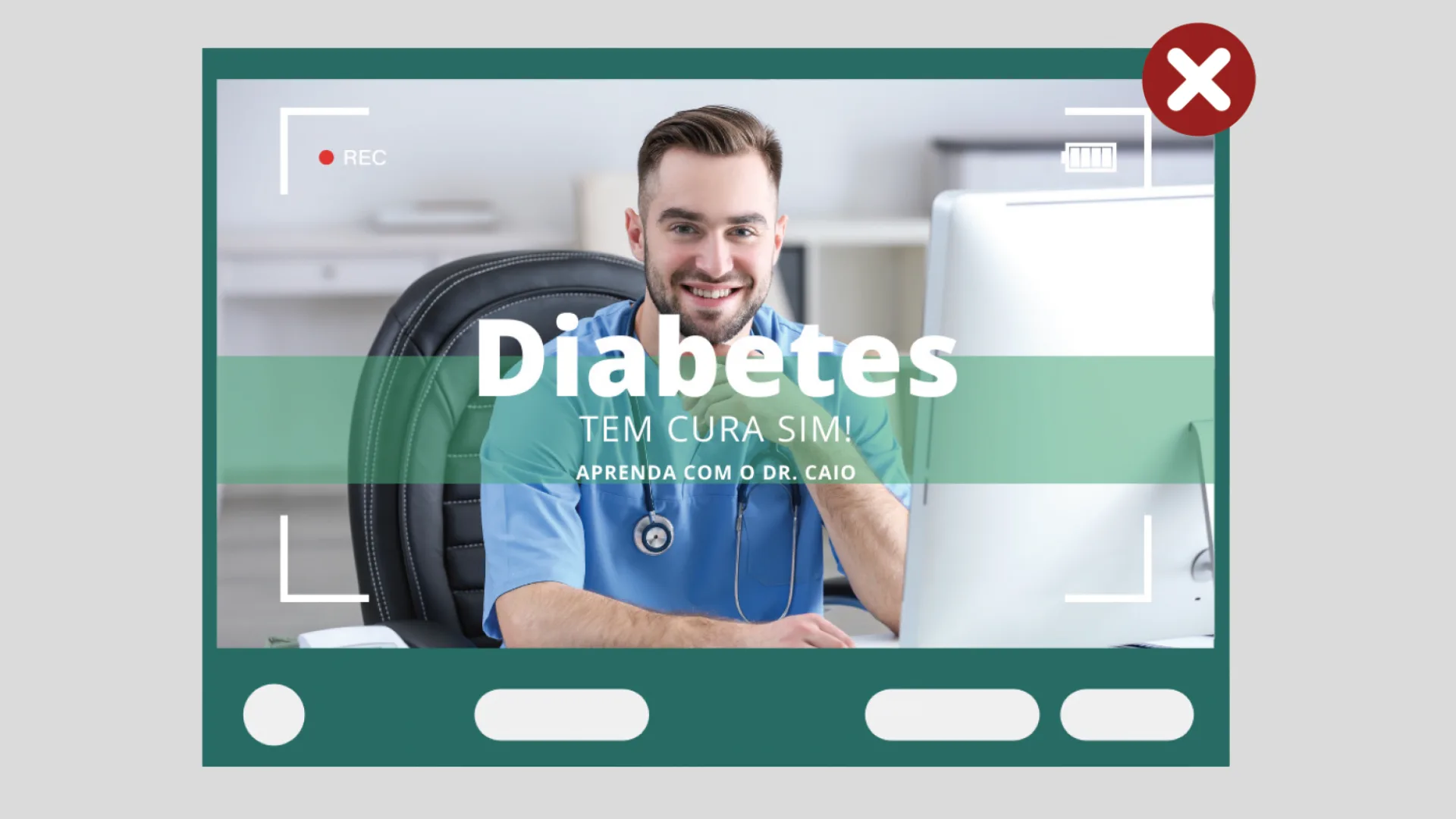 Imagem de conteúdo de marketing para médicos com erro ético, mostrando um profissional da saúde afirmando que “diabetes tem cura”, o que configura uma promessa proibida segundo o CFM.