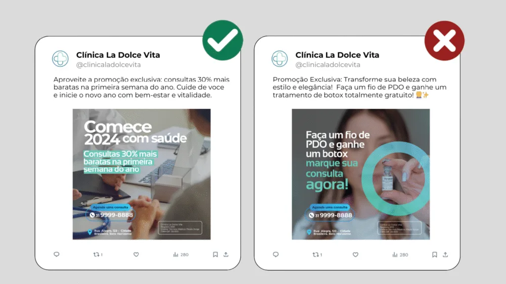 Comparativo de boas e más práticas no nas redes sociais para médicos. À esquerda, postagem permitida com promoção de consulta, respeitando as normas do CFM. À direita, exemplo inadequado com promessa de brinde e apelo comercial, infringindo as diretrizes éticas da publicidade médica.