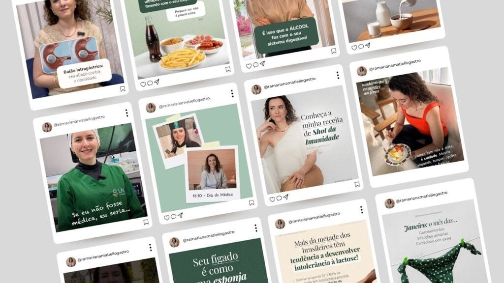 Grade de publicações no Instagram sobre marketing médico, com conteúdos educativos e institucionais da Dra. Mariana Matiello, abordando posicionamento profissional, comunicação estratégica e presença digital na área da saúde.