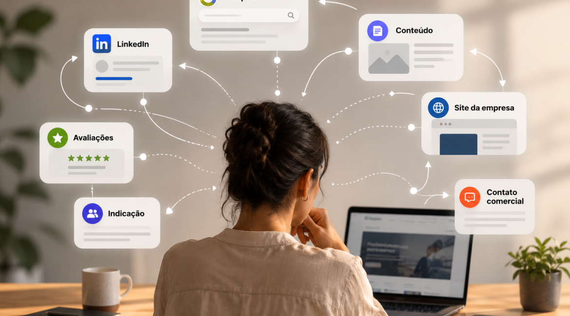 Jornada de compra B2B representada por uma profissional diante do notebook, conectada a diferentes pontos de contato digitais, como pesquisa no Google, LinkedIn, conteúdo, site da empresa, avaliações, indicações e contato comercial.