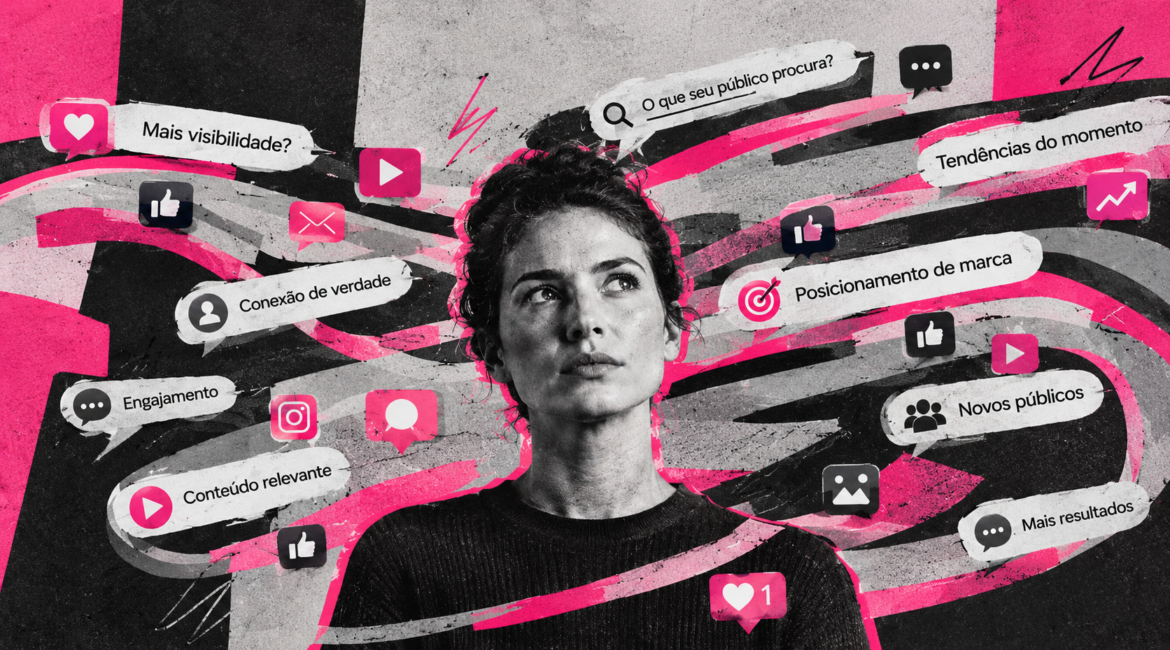 Mulher cercada por notificações, mensagens e elementos de redes sociais, representando como o algoritmo das redes sociais influencia a visibilidade e o alcance dos conteúdos.
